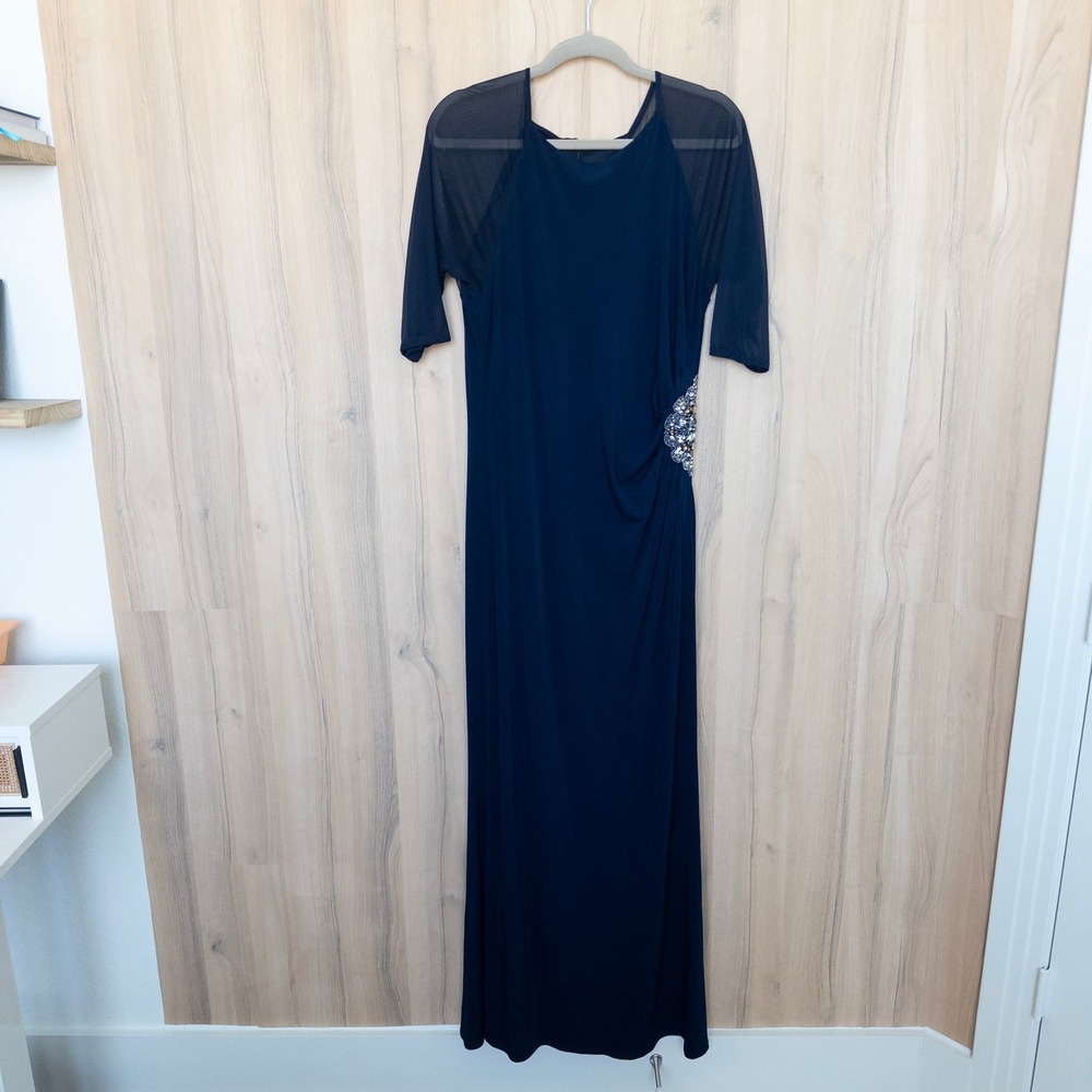 Eliza J Womens Gown 14 Navy Blue Mesh Sleeve Beaded Waist Formal Glam Classic
